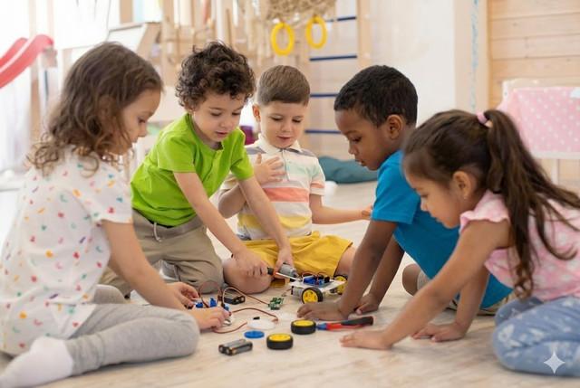 Criança na escola aprendendo robótica